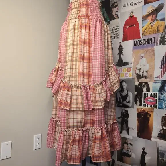 Pink Bohemian Whimsy Plaid Maxi Skirt - Picture 4 of 6